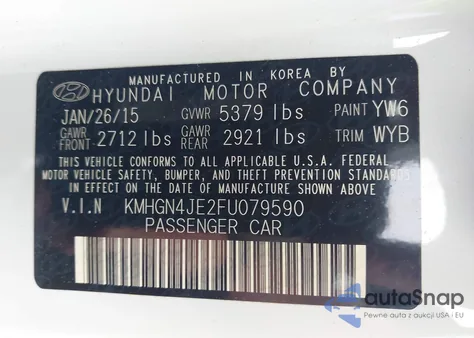 2015 Hyundai Genesis 3.8 z USA, uszkodzony, nr VIN KMHGN4JE2FU079590